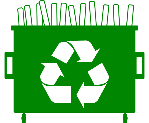 Graphic of a green dumpster with white tube-like shapes coming off the top of it. On the centre of the dumpster is a recycling symbol.